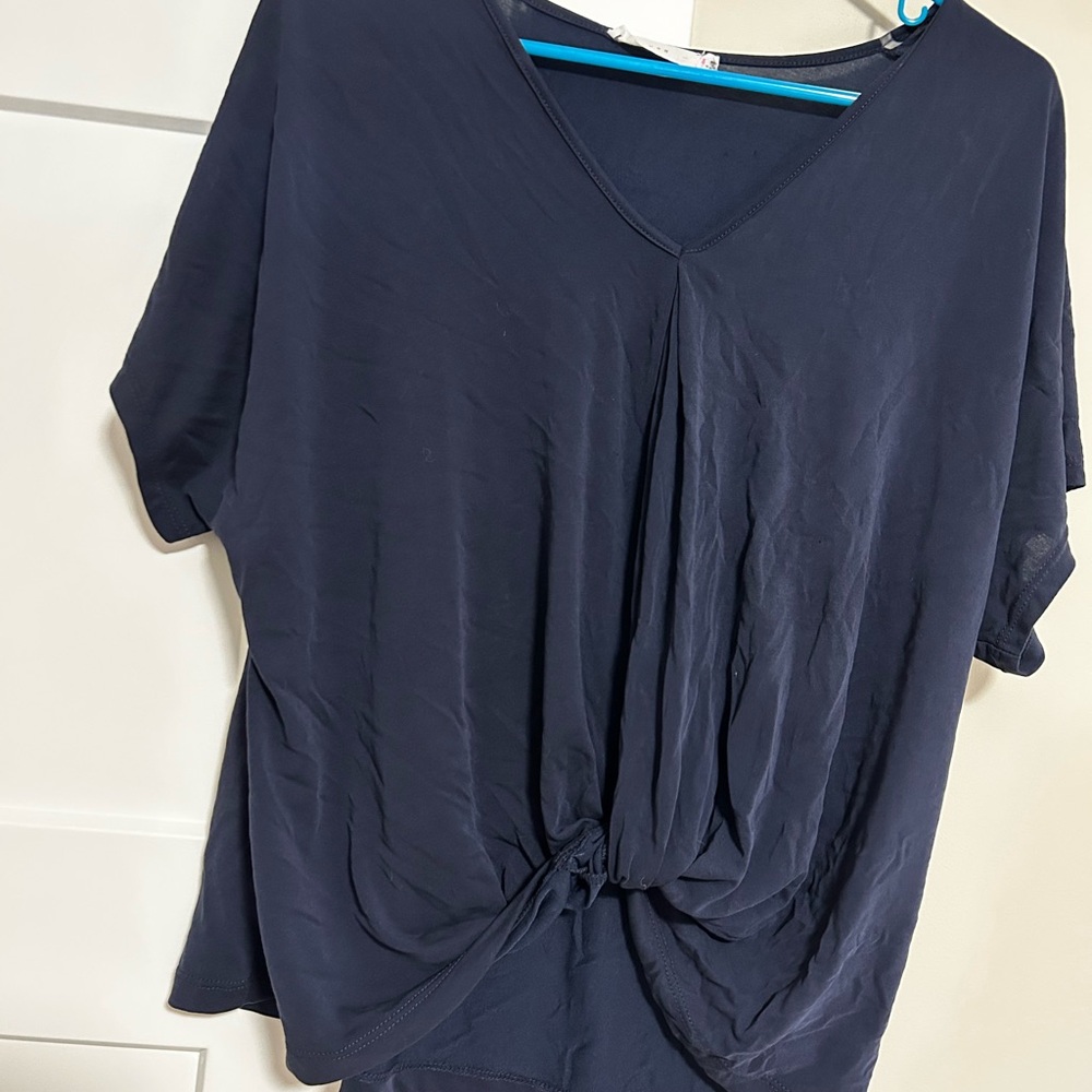 Lush Blue Tie Front Short Sleeve Blouse